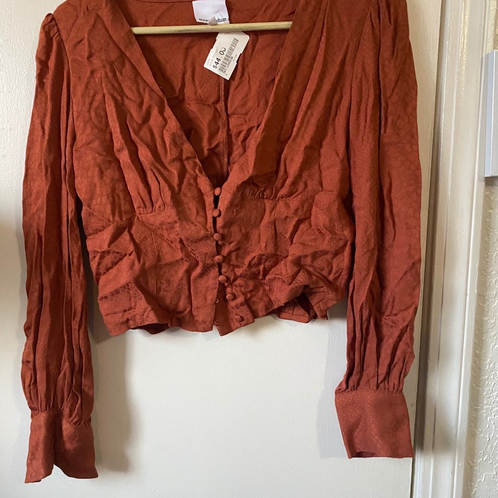 Skylar Madison Blouse Medium Rust
Orange VNeck Long Sleeve Button NWT
small snag